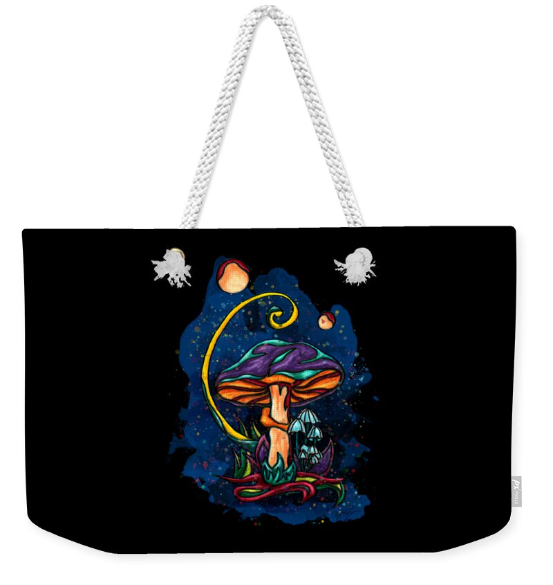Purple Mushroom Weekender Tote Bag featuring the painting Purple mushroom by night, magic mushroom by Nadia CHEVREL