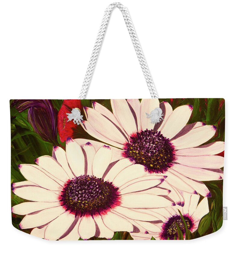 Gerber Daisies Weekender Tote Bag featuring the painting Purple Punch by Donna Manaraze