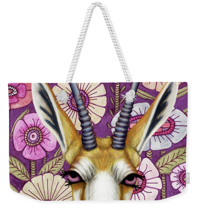 Antelope Weekender Tote Bag featuring the painting Purple Springbok Floral by Amy E Fraser