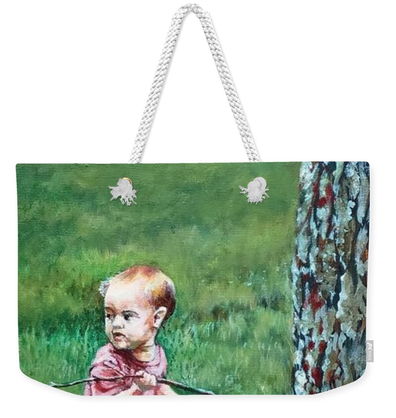Child Weekender Tote Bag featuring the painting Putting it Back by Merana Cadorette