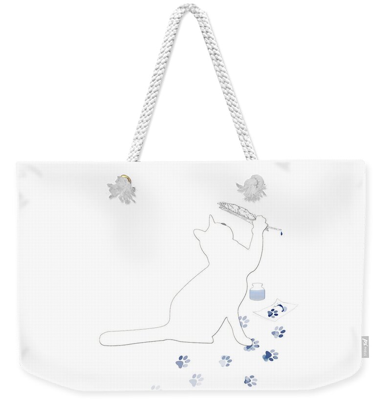 Cat Weekender Tote Bag featuring the mixed media Putting Paw to Paper by Moira Law