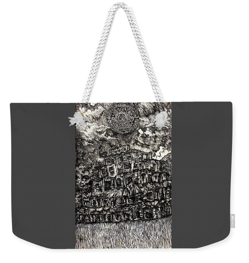 Pen And Ink Drawing Weekender Tote Bag featuring the drawing Pyramid of the Seven Stories and The Fifth Sun by Angela Weddle