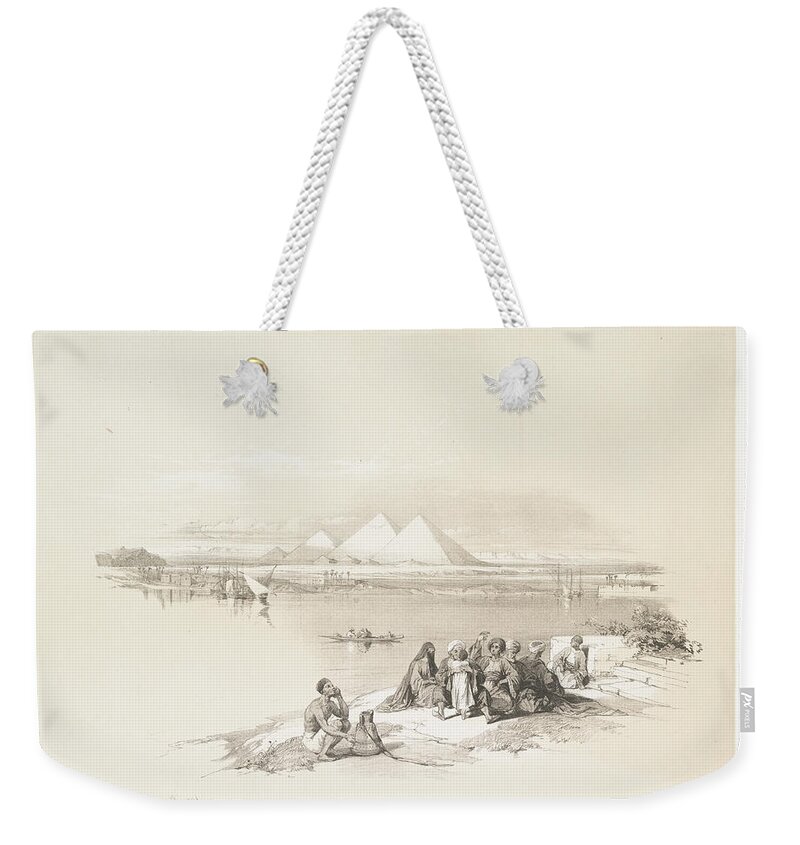 Pyramids Of Geezah Weekender Tote Bag featuring the painting Pyramids of Geezah, from the Nile ca 1842 - 1849 by William Brockedon by Artistic Rifki