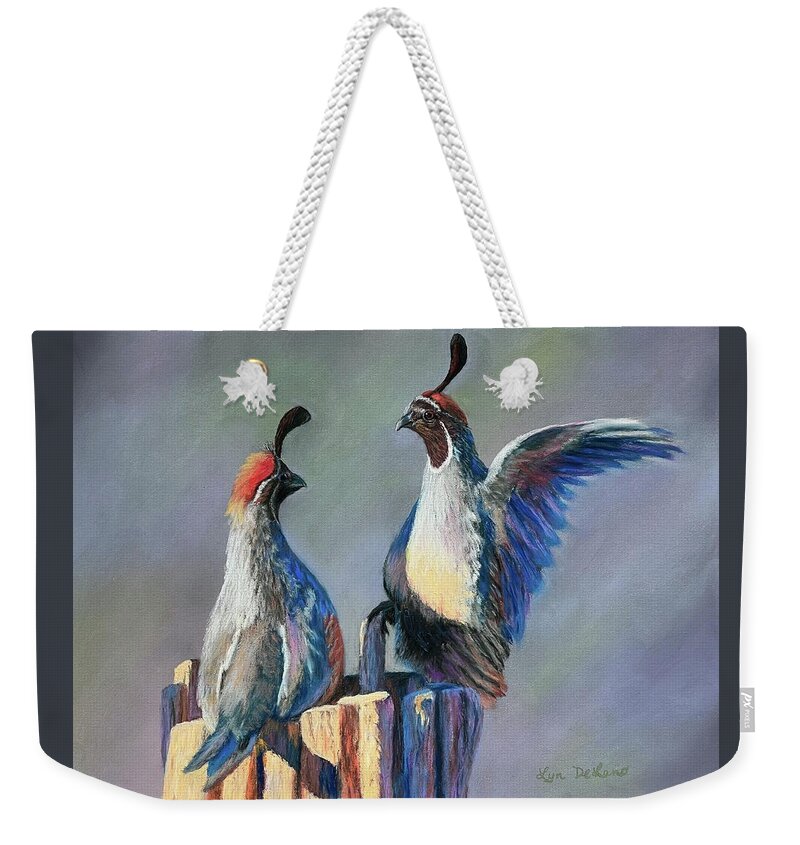 Quail Weekender Tote Bag featuring the pastel The Disagreement by Lyn DeLano