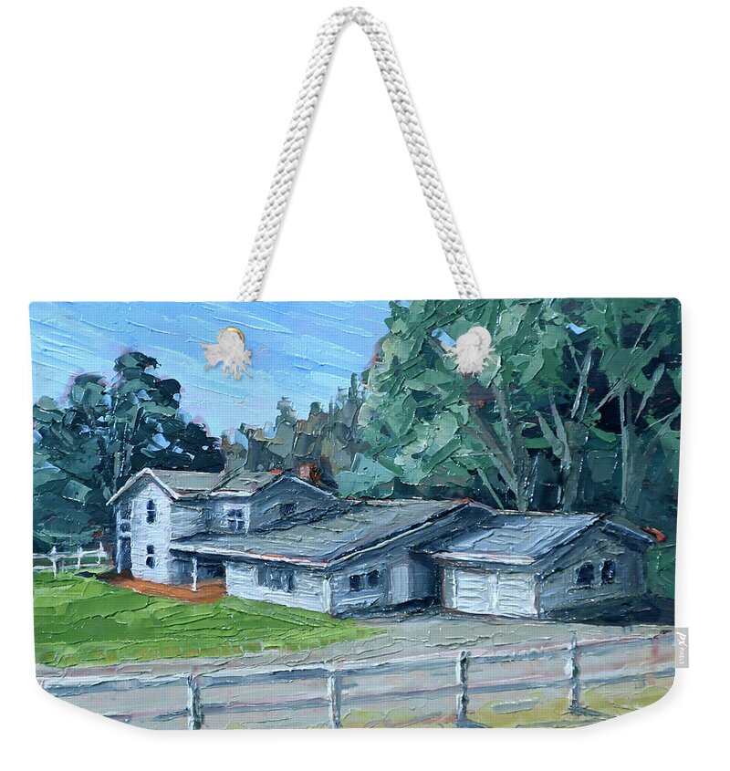 Ben Lomond Weekender Tote Bag featuring the painting Quail Hollow Ranch House by PJ Kirk