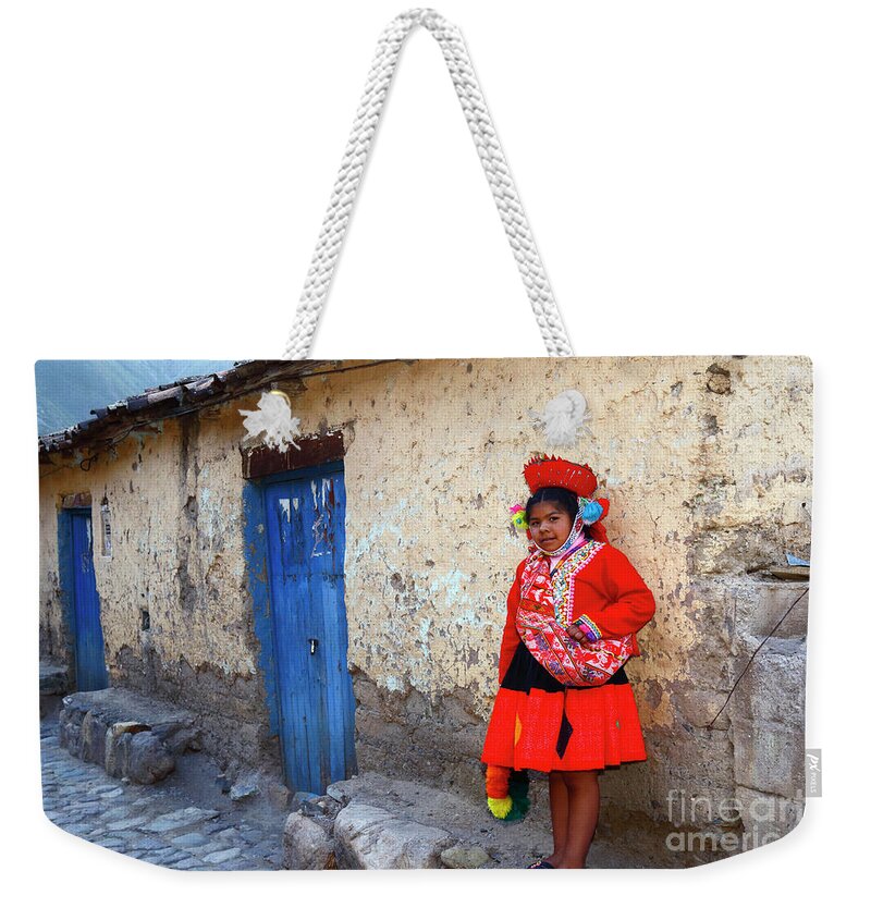 Peru Weekender Tote Bag featuring the photograph Quechua Girl in Ollantaytambo Peru by James Brunker