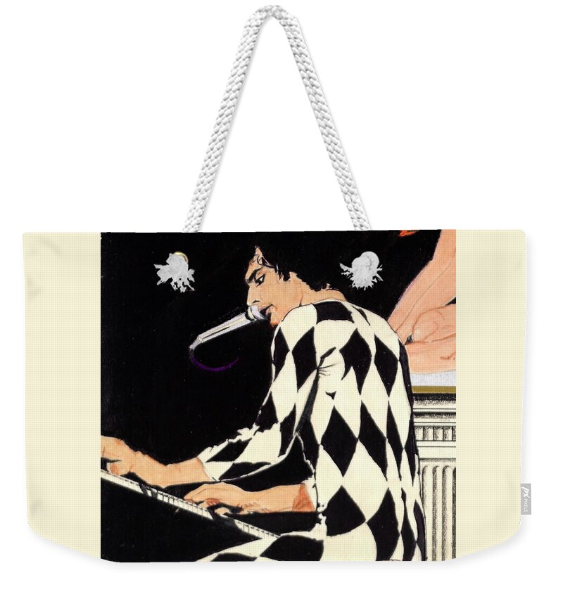 Queen Weekender Tote Bag featuring the drawing Queen Live - Freddie Mercury At The Keys - detail by Sean Connolly