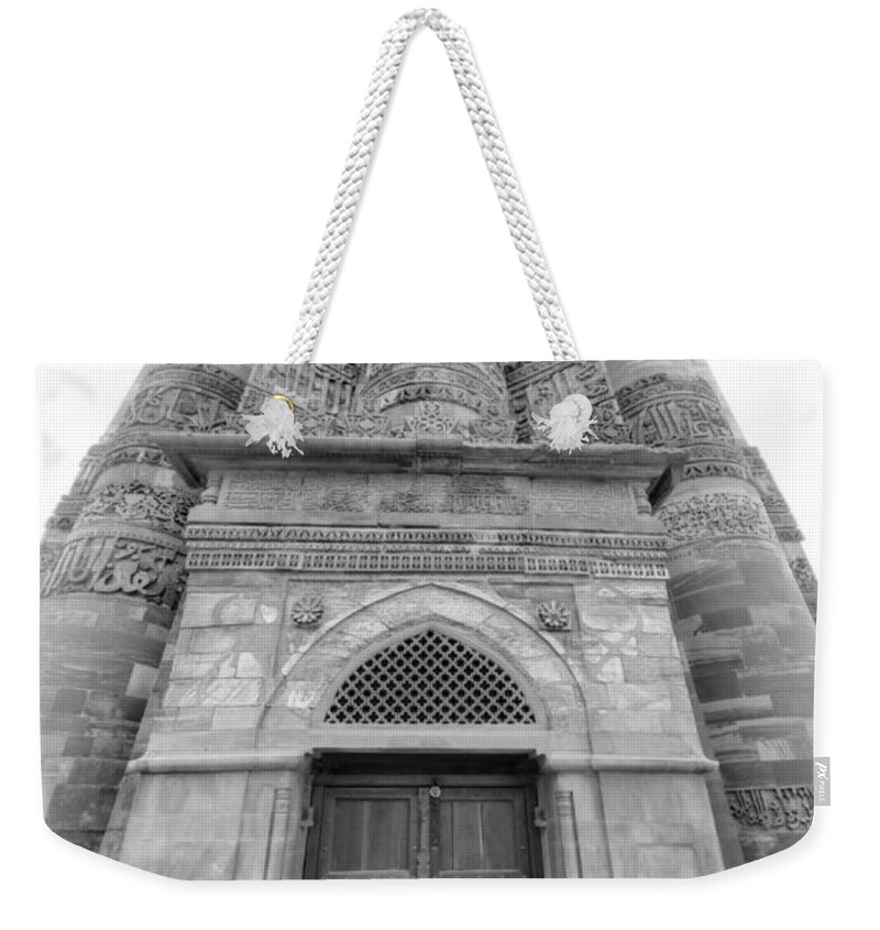 All Weekender Tote Bag featuring the digital art Qutub Minar in India Black and White KN66 by Art Inspirity