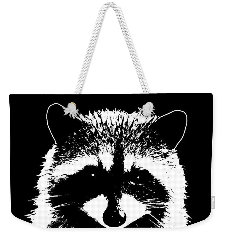 Raccoon Weekender Tote Bag featuring the mixed media Raccoon 25 Black and white by Lucie Dumas