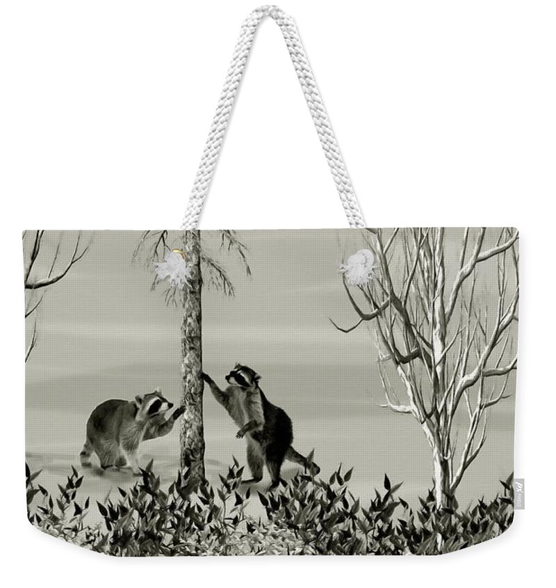 Raccoon Weekender Tote Bag featuring the mixed media Raccoons in the Wild Winter Forest by David Dehner