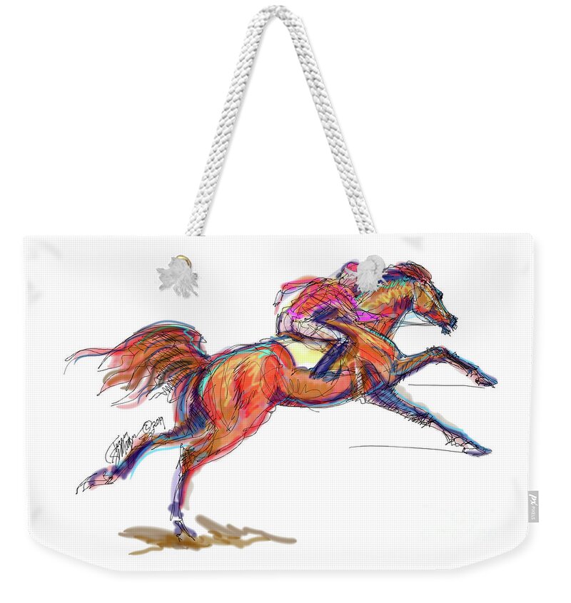 Thoroughbreds; Racehorses; Racing; Horse Race; Jockey; Degas; Contemporary Art; Contemporary Equine Art; Modern Equine Art; Equine Art Cards; Equine Art Gifts; Racehorse Gifts; Race Horse Mugs Weekender Tote Bag featuring the digital art Race Horse for Julie June Stewart by Stacey Mayer