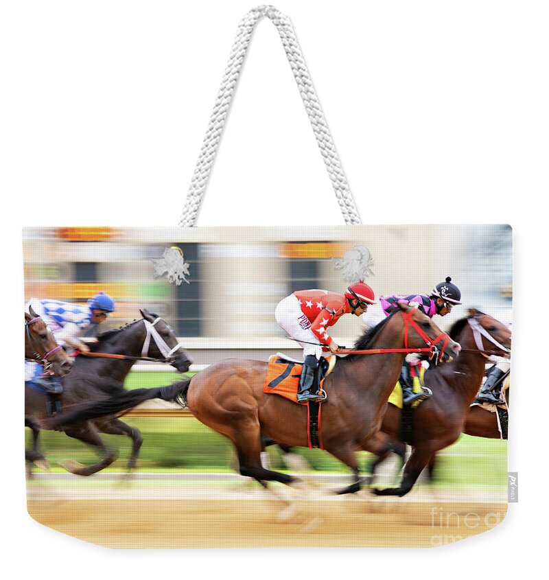 Race Weekender Tote Bag featuring the photograph Racehorse Blurr by Terri Cage