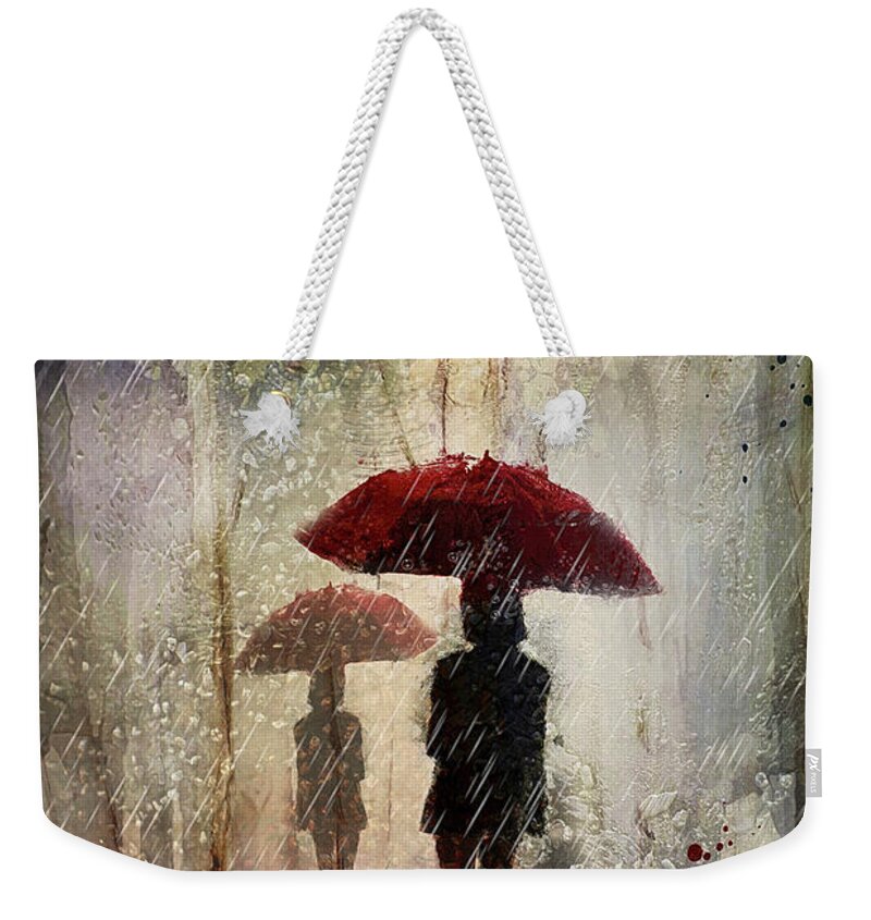 Rain Weekender Tote Bag featuring the digital art Rain in the park by Maggy Pease
