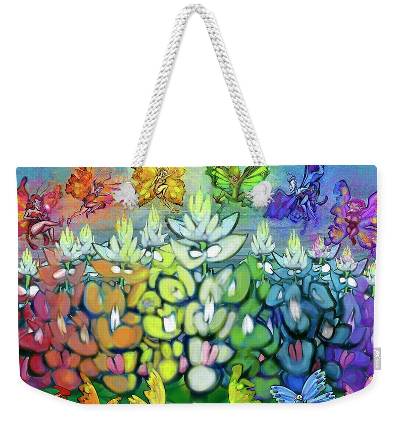 Rainbow Weekender Tote Bag featuring the digital art Rainbow Bluebonnets Scene w Pixies by Kevin Middleton
