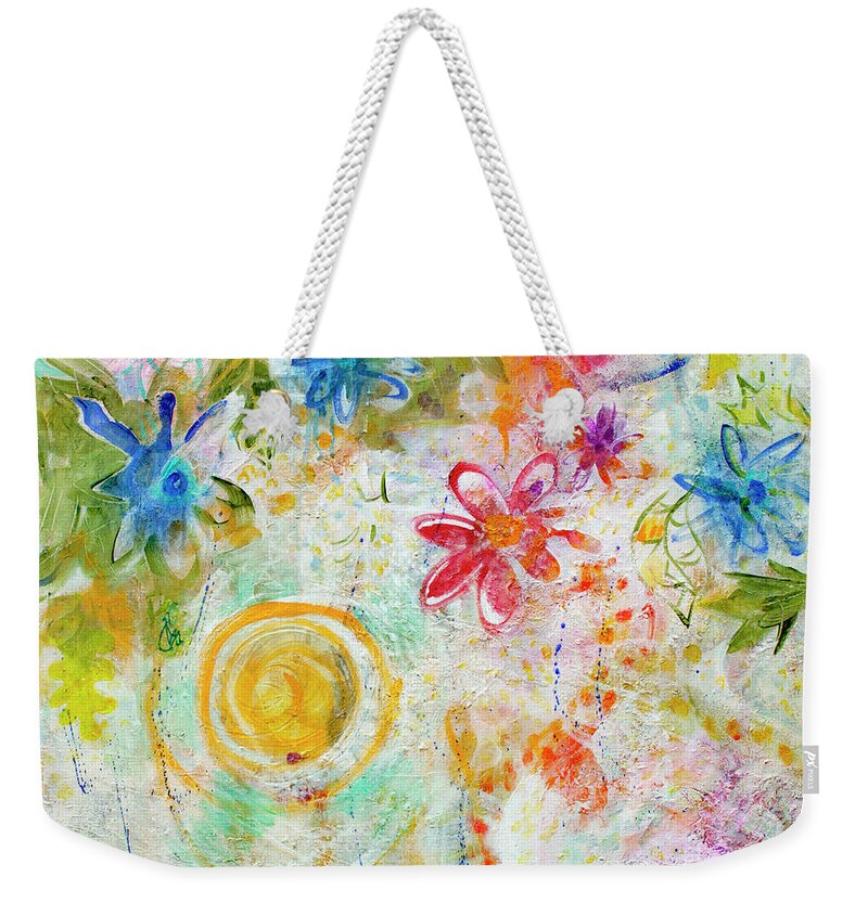 Rainbow Petals Weekender Tote Bag featuring the mixed media Rainbow Petals by Cherie Salerno