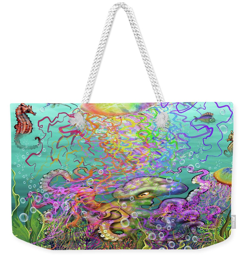 Rainbow Weekender Tote Bag featuring the digital art Rainbow Jellyfish and Friends by Kevin Middleton