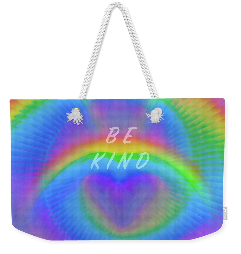 #bekind #bekindtooneanother #ellendegeneres #theellenshow #heart #love #customfacemask #facemask #mask #clothfacemask #facecovering #facemasksforsale #maskforsale #fashionablemask #covidmask #facecover #washablemask #rainbow #rainbowmask #rainbowfacemask #whenitrainslookforrainbows #bearainbowinthestorm #colorful #art #stayathome #nurse #nursegift #doctor #doctorgift #healthcareworkergift #gift #ppe #covid19 #coronavirus #lgbtq #pride #gaypride #togetheralone #nystrong #nytough Weekender Tote Bag featuring the digital art Rainbow Love - Be Kind Face Mask by Artistic Mystic