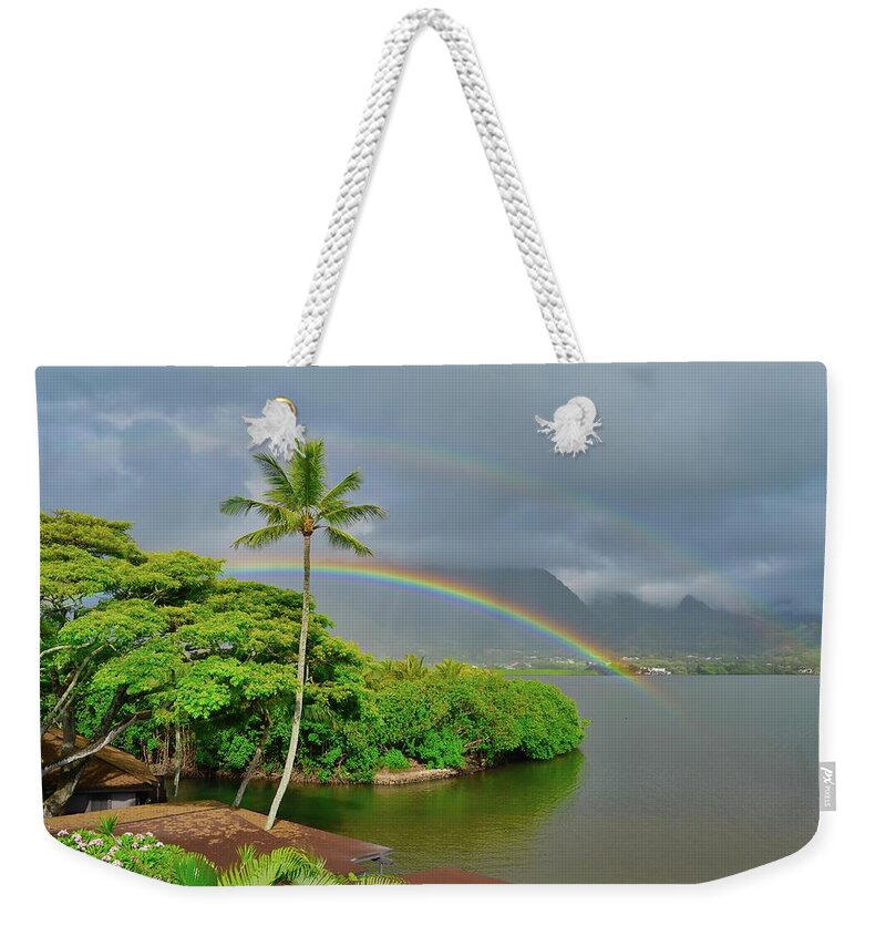 Kaneohe Bay Weekender Tote Bag featuring the photograph Rainbow Over Kane'ohe Bay by Heidi Fickinger