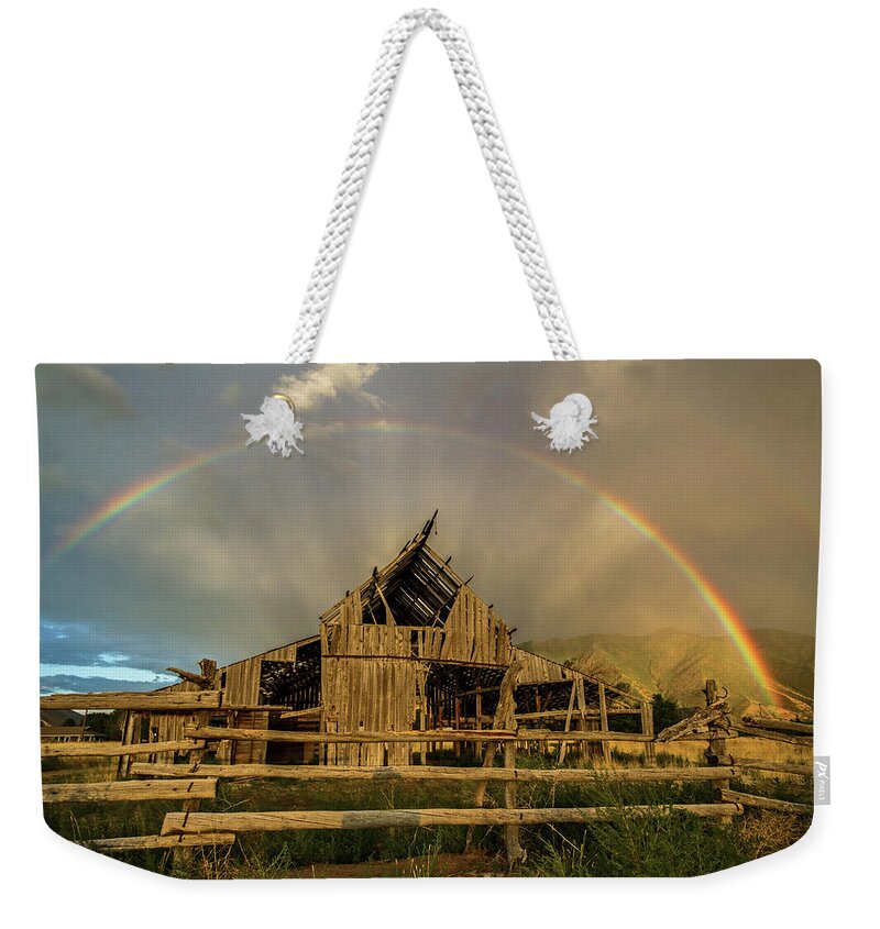 Barn Weekender Tote Bag featuring the photograph Rainbow over Mapleton Barn by Wesley Aston