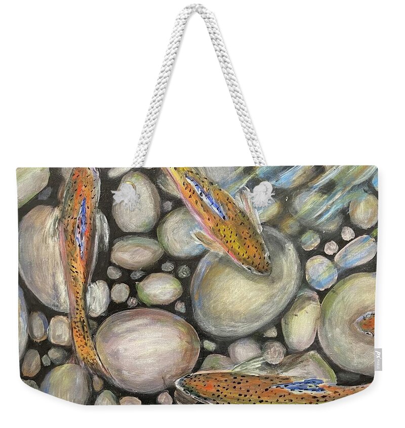 Rainbow Trout Weekender Tote Bag featuring the painting Rainbow Trout by Denice Palanuk Wilson