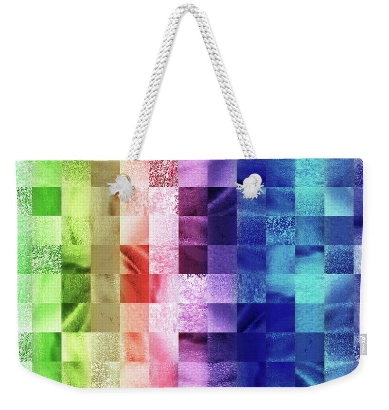 Quilt Weekender Tote Bag featuring the painting Rainbow Watercolor Squares Art Mosaic Quilt by Irina Sztukowski