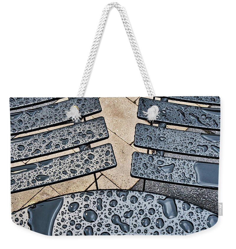 Outdoors Weekender Tote Bag featuring the photograph Raindrops On Outdoor Dining Set by Gary Slawsky