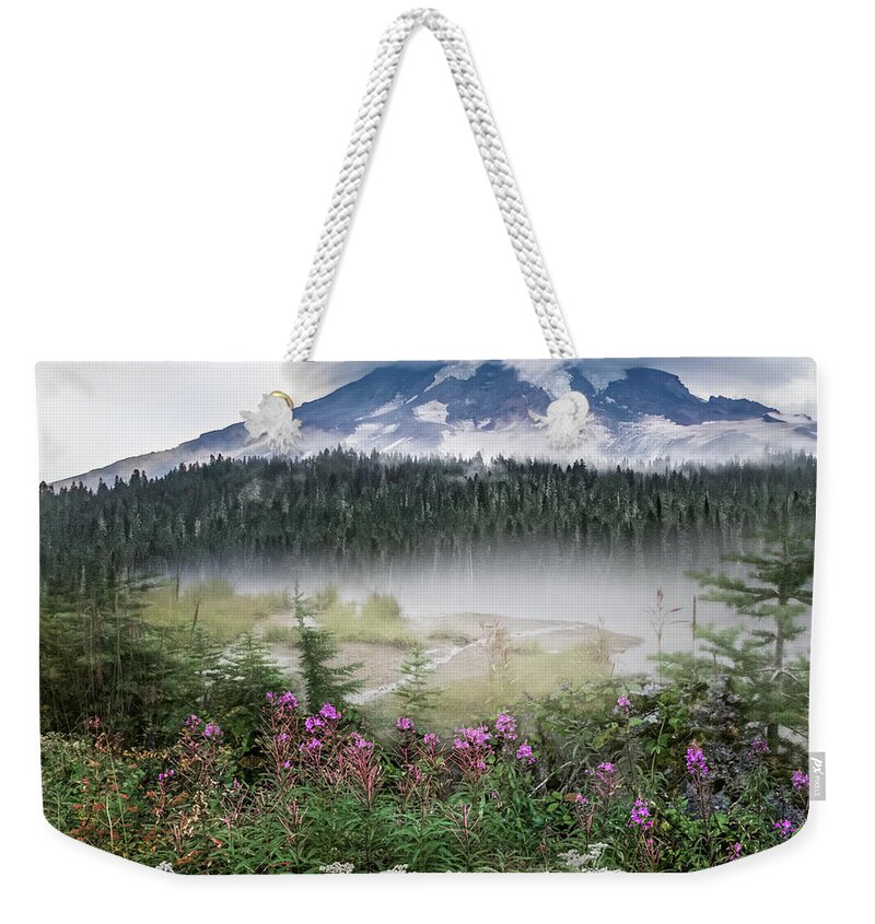Mountain Weekender Tote Bag featuring the photograph Rainy Day at Mt. Rainier by Shara Abel