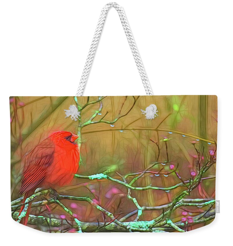 Rainy Day Cardinal Weekender Tote Bag featuring the photograph Rainy Day Cardinal by Bellesouth Studio