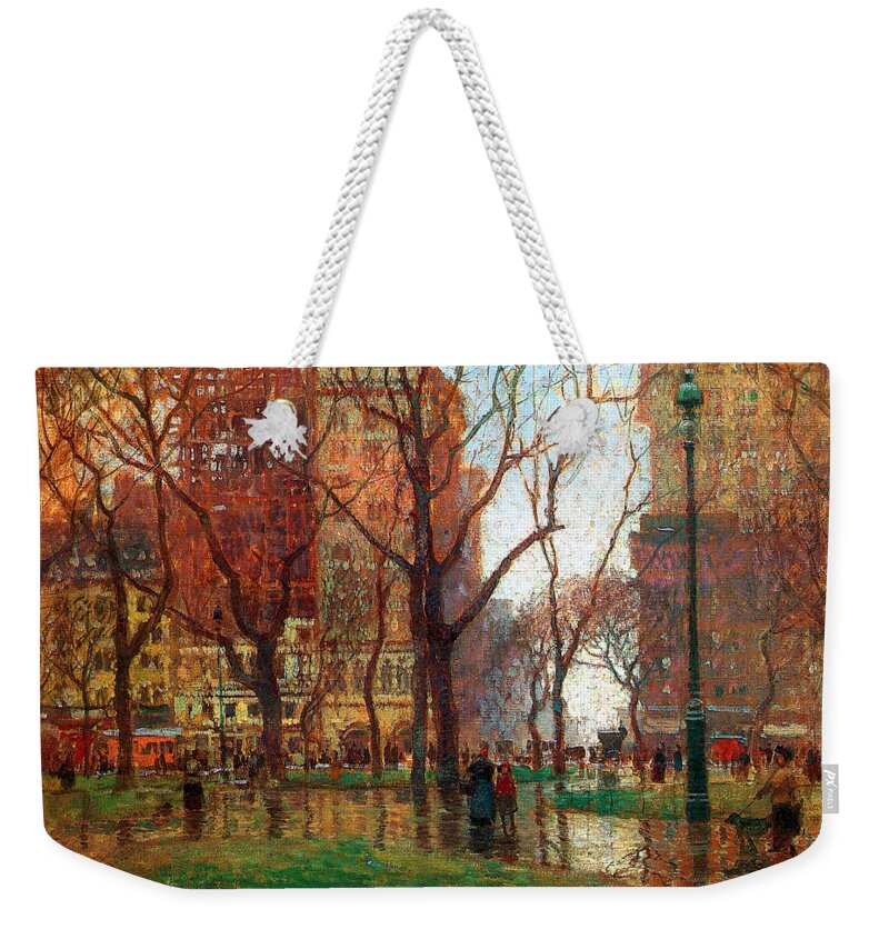 Cornoyer Weekender Tote Bag featuring the painting Rainy Day Madison Square New York 1907 by Paul Cornoyer