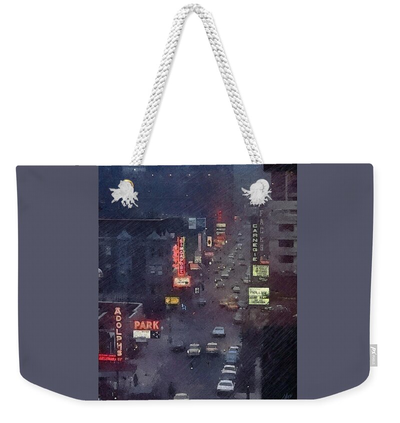 Chicago Weekender Tote Bag featuring the digital art Rainy Evening on Rush Street - Chicago 1970s by Glenn Galen