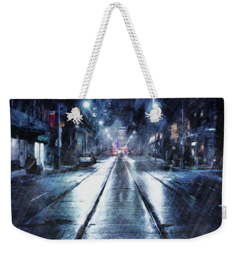 Weather Weekender Tote Bag featuring the digital art Rainy Night Downtown by Phil Perkins
