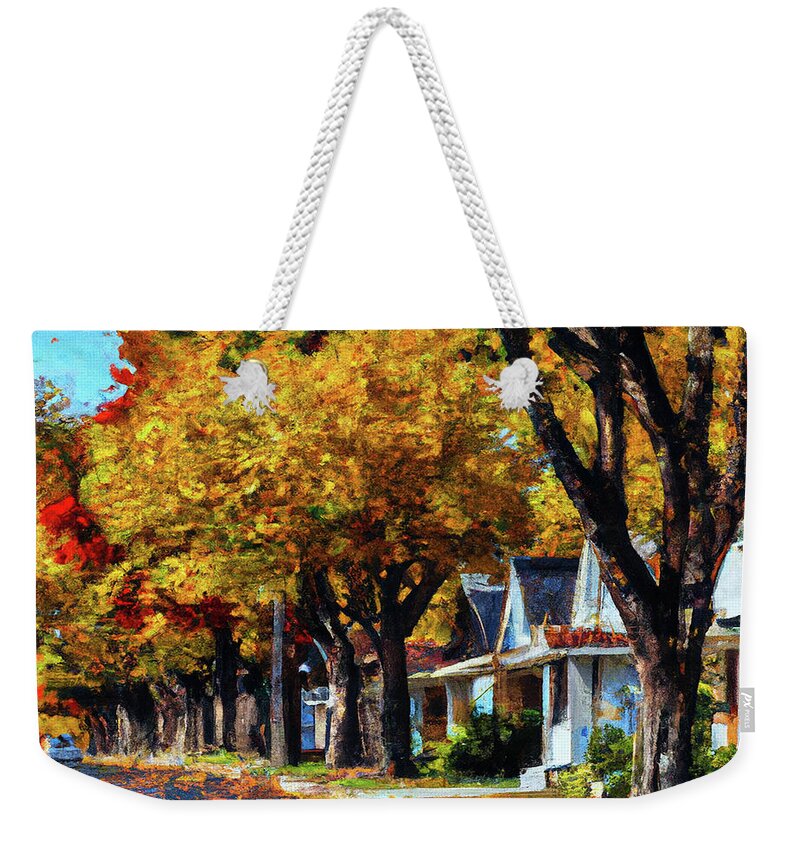 Row Of Houses Weekender Tote Bag featuring the digital art Rainy October Day by Alison Frank