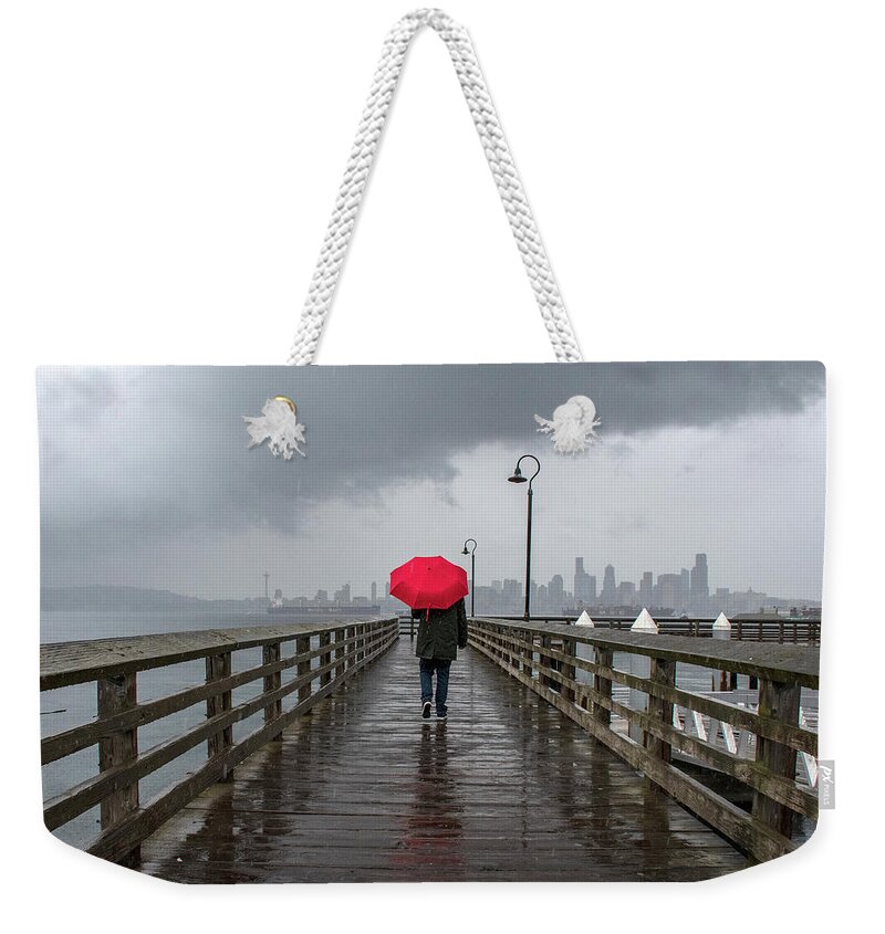Seattle Weekender Tote Bag featuring the photograph Rainy Seattle And A Red Umbrella by Matt McDonald