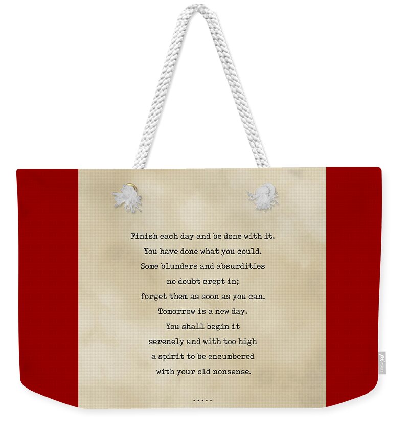 Ralph Waldo Emerson Quote Weekender Tote Bag featuring the mixed media Ralph Waldo Emerson Quote 01 - Typewriter quote on Old Paper - Literary Poster - Book Lover Gifts by Studio Grafiikka