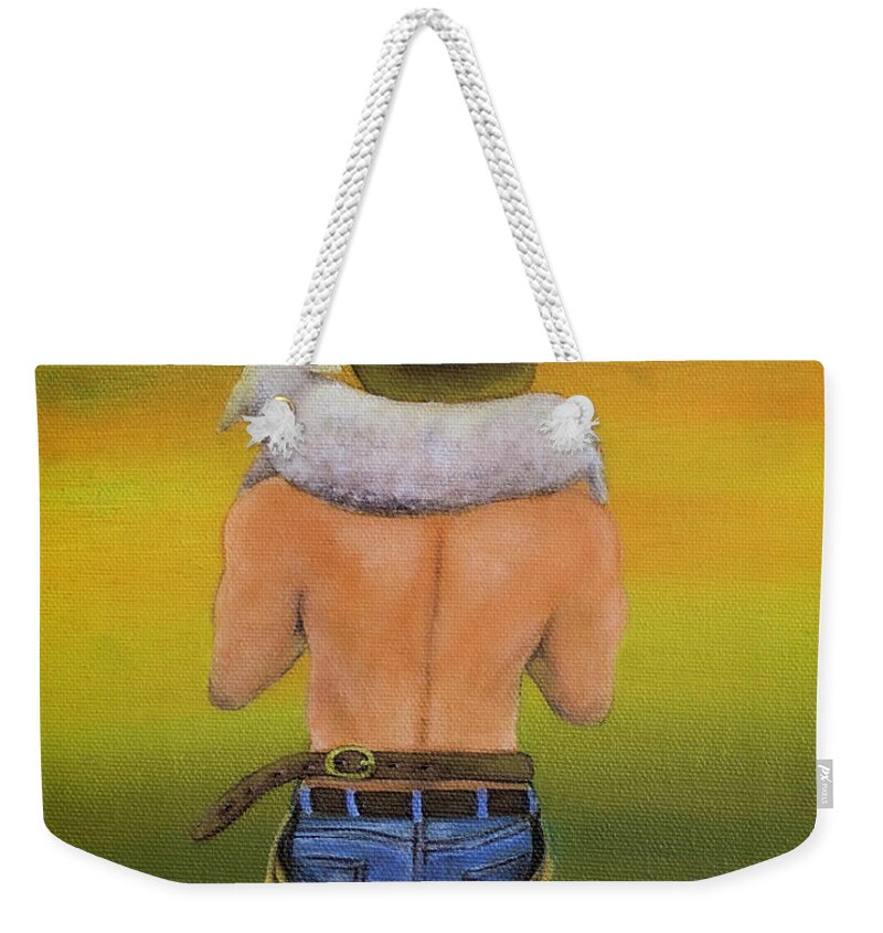 Rancher Weekender Tote Bag featuring the painting Rancher with Lamb by Shirley Dutchkowski