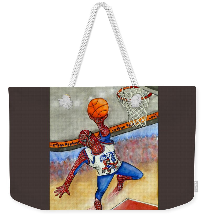 Spiderman Weekender Tote Bag featuring the mixed media Raptors Basketball with Spiderman by Kelly Mills