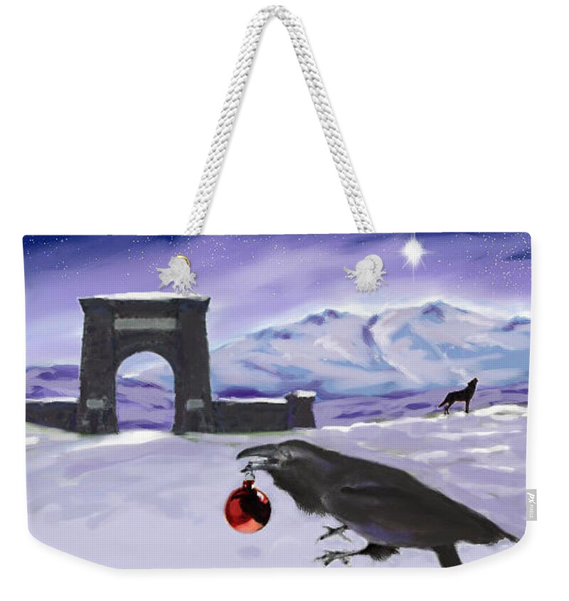 Raven Weekender Tote Bag featuring the digital art Raven and Wolf Christmas by Les Herman
