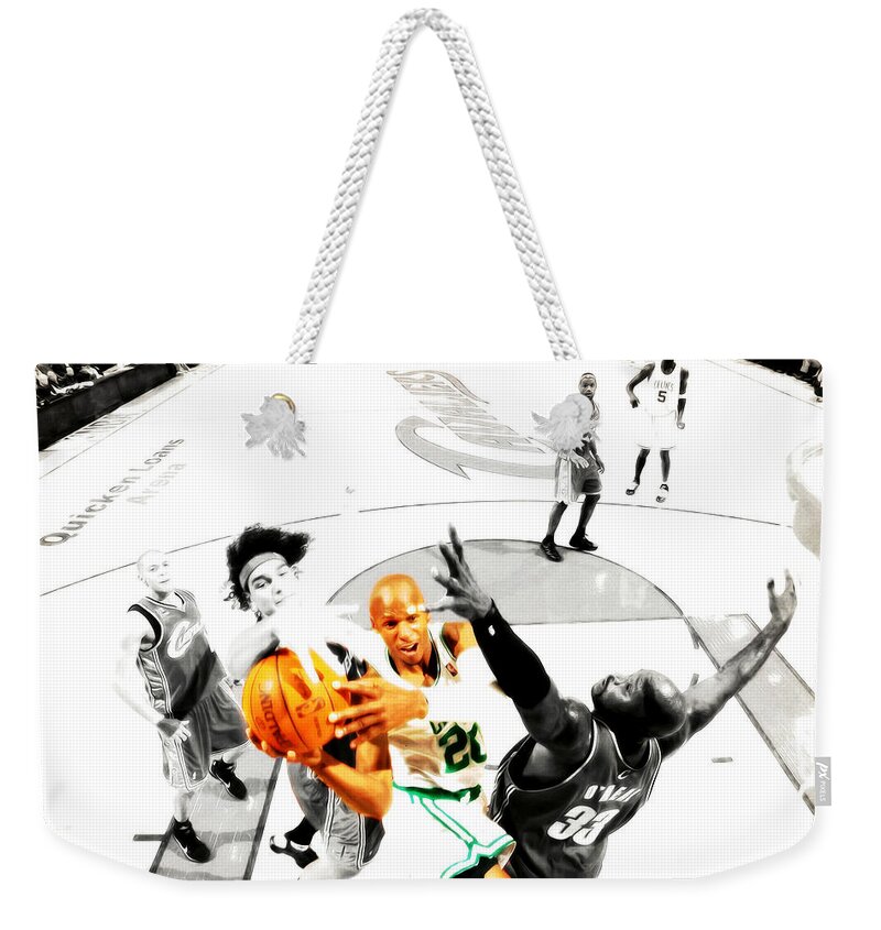 Ray Allen Weekender Tote Bag featuring the mixed media Ray Allen by Brian Reaves