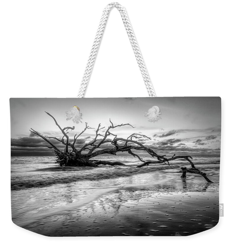 Clouds Weekender Tote Bag featuring the photograph Reaching into the Waves at Driftwood Beach Jekyll Island Black a by Debra and Dave Vanderlaan
