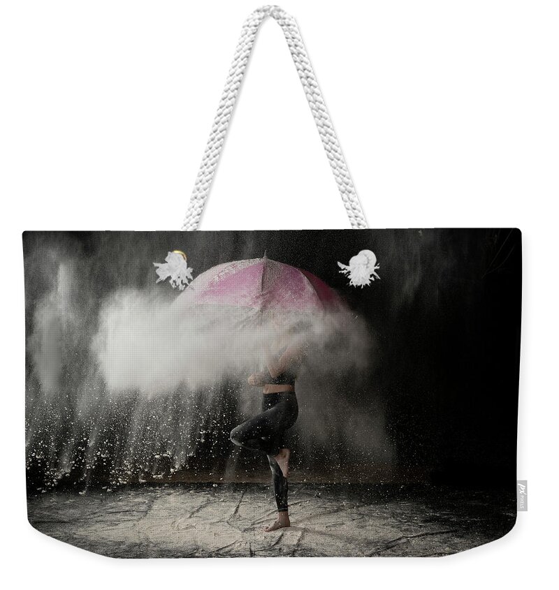 Reagan Weekender Tote Bag featuring the photograph Reagan with pink umbrella by Dan Friend