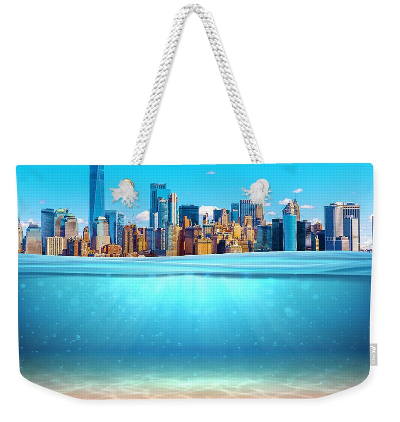 Realistic Weekender Tote Bag featuring the painting Realistic underwater background New York Manhattan Ocean deep water, sea under wat by Tony Rubino