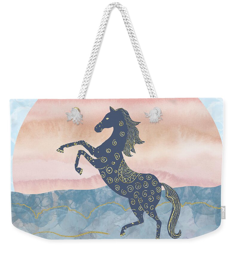 Rearing Horse Weekender Tote Bag featuring the digital art Rearing Horse in the Morning Sun - Gold Ornamental Theme by Andreea Dumez