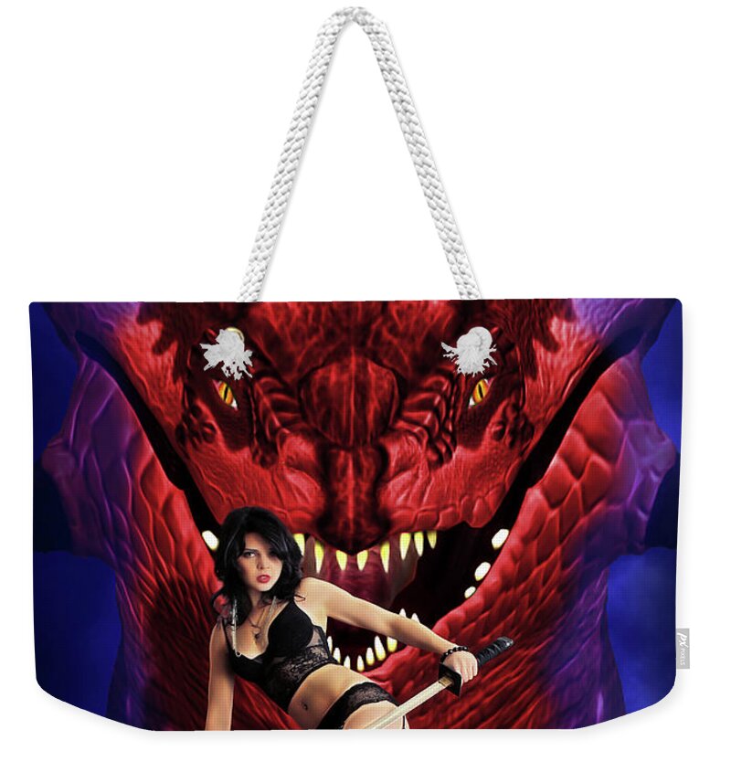 Rebel Weekender Tote Bag featuring the pyrography Rebel With Dragon by Jon Volden