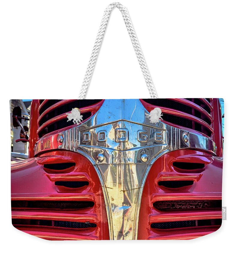 Fire Weekender Tote Bag featuring the photograph Red and Chrome truck by Jim Feldman