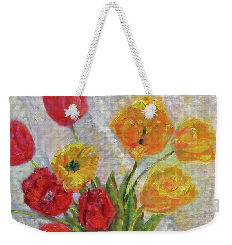 Tulips Weekender Tote Bag featuring the painting Red and Yellow Tulips by John McCormick