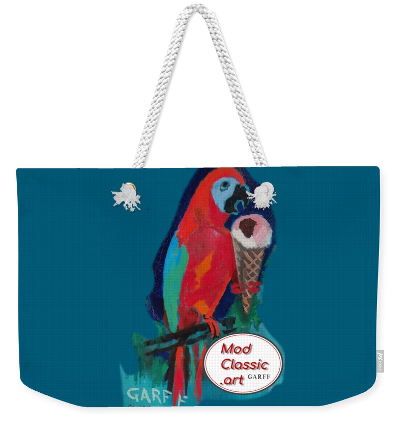 Parrot Weekender Tote Bag featuring the painting Red Ara with Ice Cream ModClassic Art by Enrico Garff