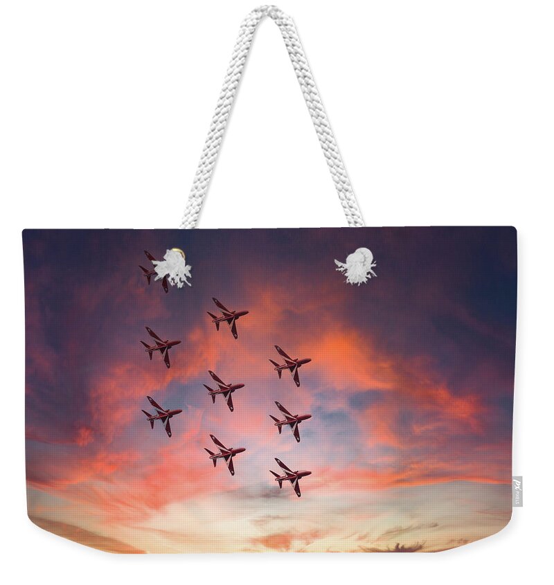 Eastbourne International Airshow Weekender Tote Bag featuring the photograph Red Arrows over Eastbourne by Andrew Lalchan