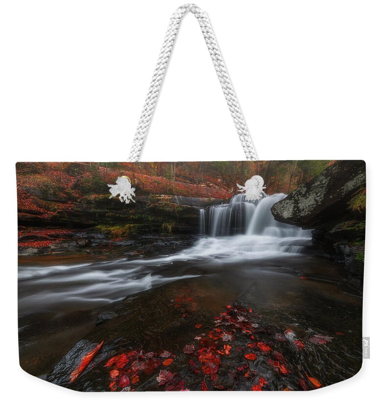 Red Weekender Tote Bag featuring the photograph Red Autumn Falls by Darren White