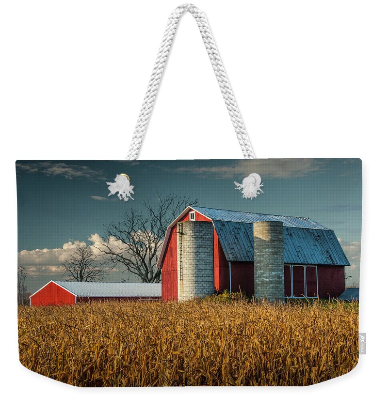 Art Weekender Tote Bag featuring the photograph Red Barn and Cornfield in West Michigan on a Sunny Day by Randall Nyhof