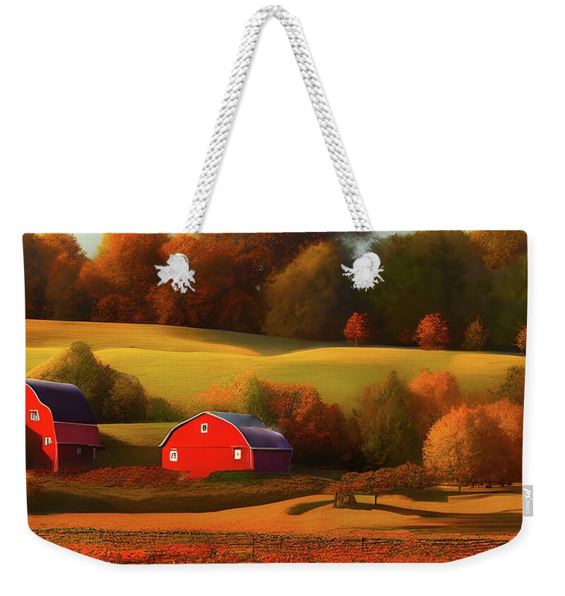 Barns Weekender Tote Bag featuring the digital art Red Barn, Fall Pumpkins by Annalisa Rivera-Franz